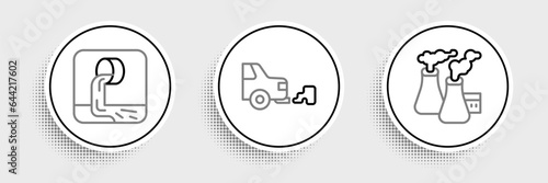 Set line Smoke from factory, Wastewater and Car exhaust icon. Vector