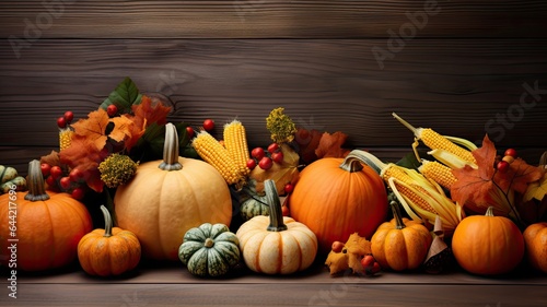 a rustic wooden background adorned with a bottom border of pumpkins  gourds  and fall decor in light colors. The composition provides ample copy space for conveying autumn messages and greetings.