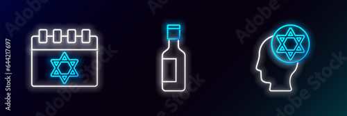 Set line Orthodox jewish hat, Jewish calendar and wine bottle icon. Glowing neon. Vector