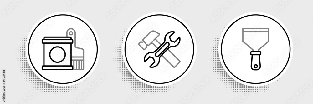 Set line Putty knife, Paint bucket and brush and Hammer wrench icon. Vector Set line Putty knife, Paint bucket and brush and Hammer wrench icon. Vector