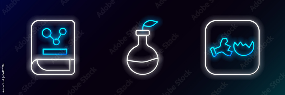 Set line Broken flask, Chemistry book and Plant breeding icon. Glowing neon. Vector Set line Broken flask, Chemistry book and Plant breeding icon. Glowing neon. Vector