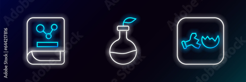 Set line Broken flask, Chemistry book and Plant breeding icon. Glowing neon. Vector