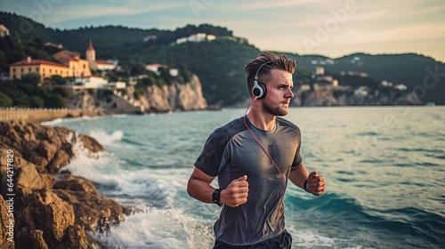 A young guy listens to music on headphones while jogging along the coast. A man goes in for sports in nature. Healthy lifestyle. Illustration for banner, poster, cover, brochure or presentation.