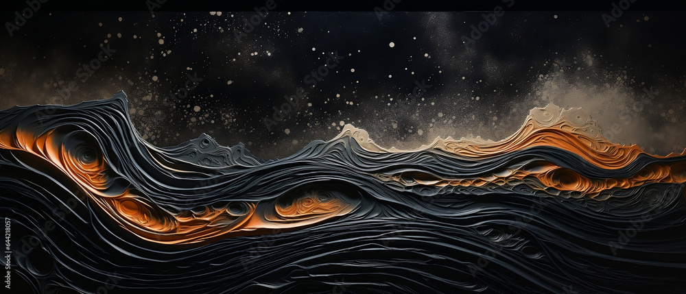 Gorąca lawa- obraz abstrakcyjny na czarnym płótnie malowany piaskiem - obrazy, fototapety, plakaty 