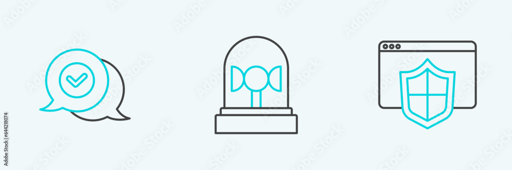 Set line Browser with shield, Check mark in speech bubble and Flasher siren icon. Vector Set line Browser with shield, Check mark in speech bubble and Flasher siren icon. Vector