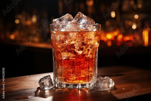 Cola with ice cubes and fresh berries on wooden table on dark background. 