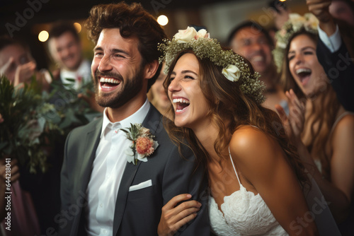 Happy wedding photography of bride and groom. Generative AI