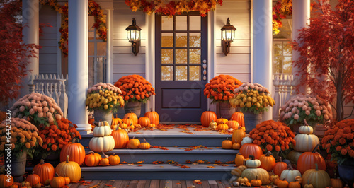 Halloween pumpkins and decorations outside a house. Night view of a house with halloween decoration, digital ai 
