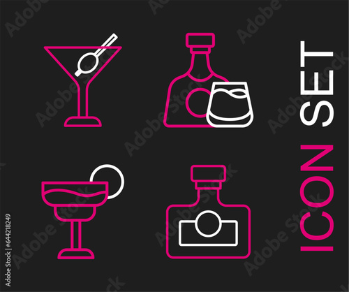 Set line Alcohol drink Rum, Cocktail, Whiskey bottle and glass and Martini icon. Vector