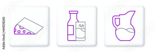 Set line Milk jug or pitcher, Cheese and Bottle milk and glass icon. Vector