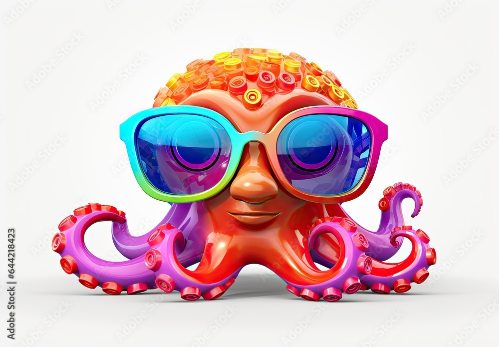 Closeup of multicolored octopus toy with glasses isolated on white background. Plastic figurine of rainbow-colored made of ceramics, plasticine, other material. Can be printed on any products.
