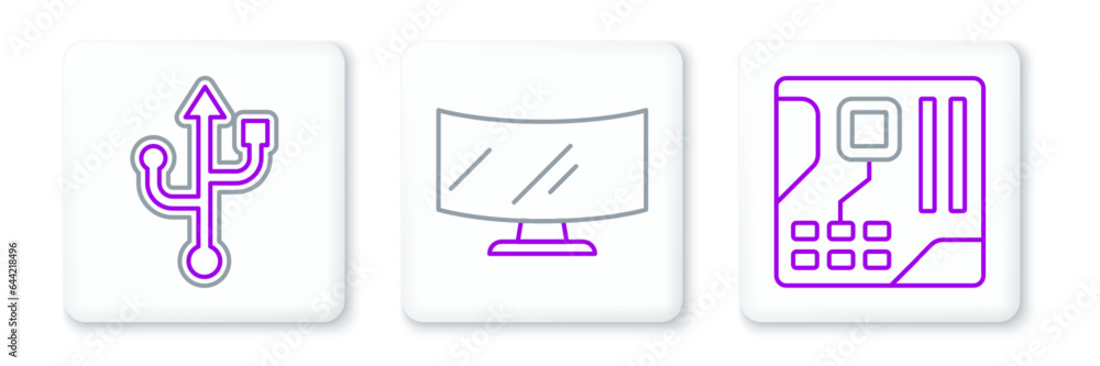 Set line Motherboard digital chip, USB and Computer monitor screen icon. Vector Set line Motherboard digital chip, USB and Computer monitor screen icon. Vector