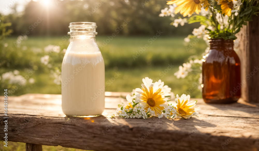 Natural farm cow's milk, outdoors, flowers Natural farm cow's milk, outdoors, flowers