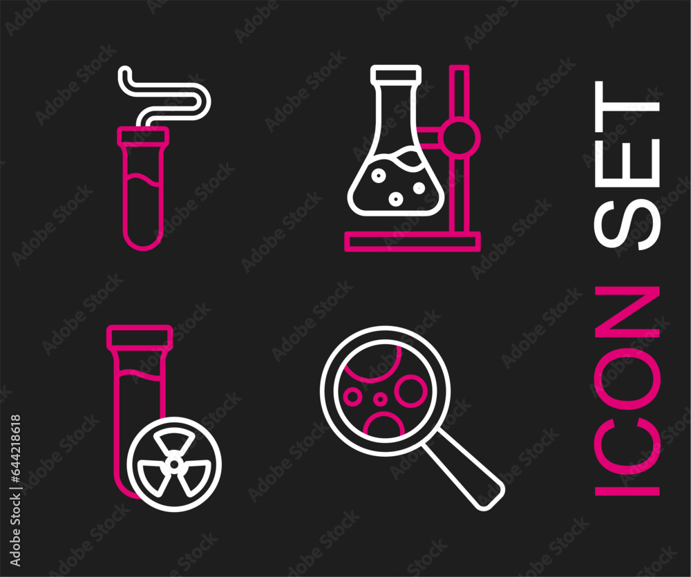Set line Microorganisms under magnifier, Test tube with toxic liquid, flask on stand and icon. Vector Set line Microorganisms under magnifier, Test tube with toxic liquid, flask on stand and icon. Vector