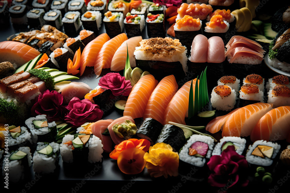 a closeup of An assortment of sushi, AI generated, Generative AI, AI Art, illustration, a closeup of An assortment of sushi, AI generated, Generative AI, AI Art, illustration,