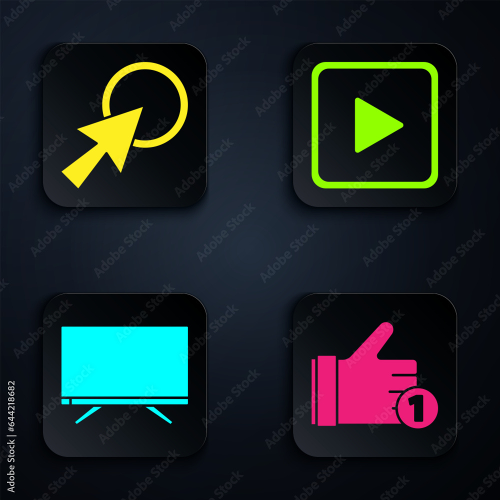 Set Hand like, Arrow cursor, Smart Tv and Play in square. Black square button. Vector Set Hand like, Arrow cursor, Smart Tv and Play in square. Black square button. Vector
