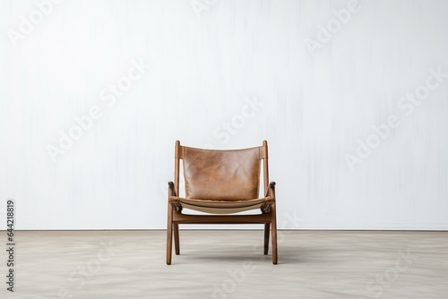 A solitary wooden and leather chair against a plain white backdrop. Generative AI