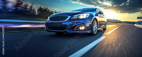 Rear view of blue Business car on high speed in turn. Blue car rushing along a high-speed highway.	motion speed blur