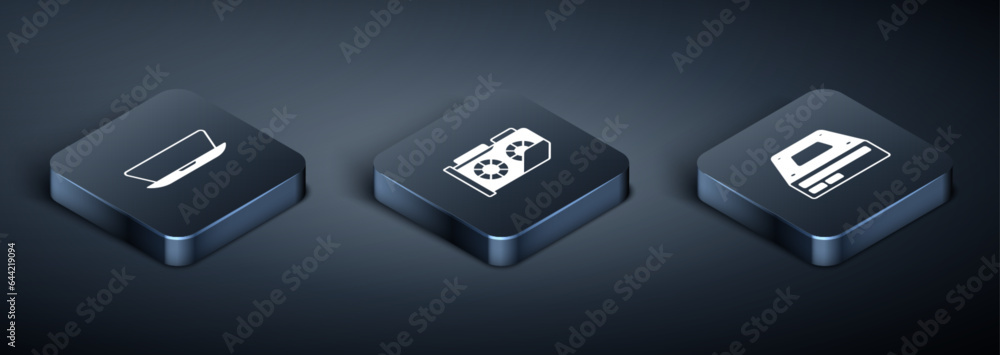 Set Isometric Laptop, Optical disc drive and Video graphic card icon. Vector Set Isometric Laptop, Optical disc drive and Video graphic card icon. Vector