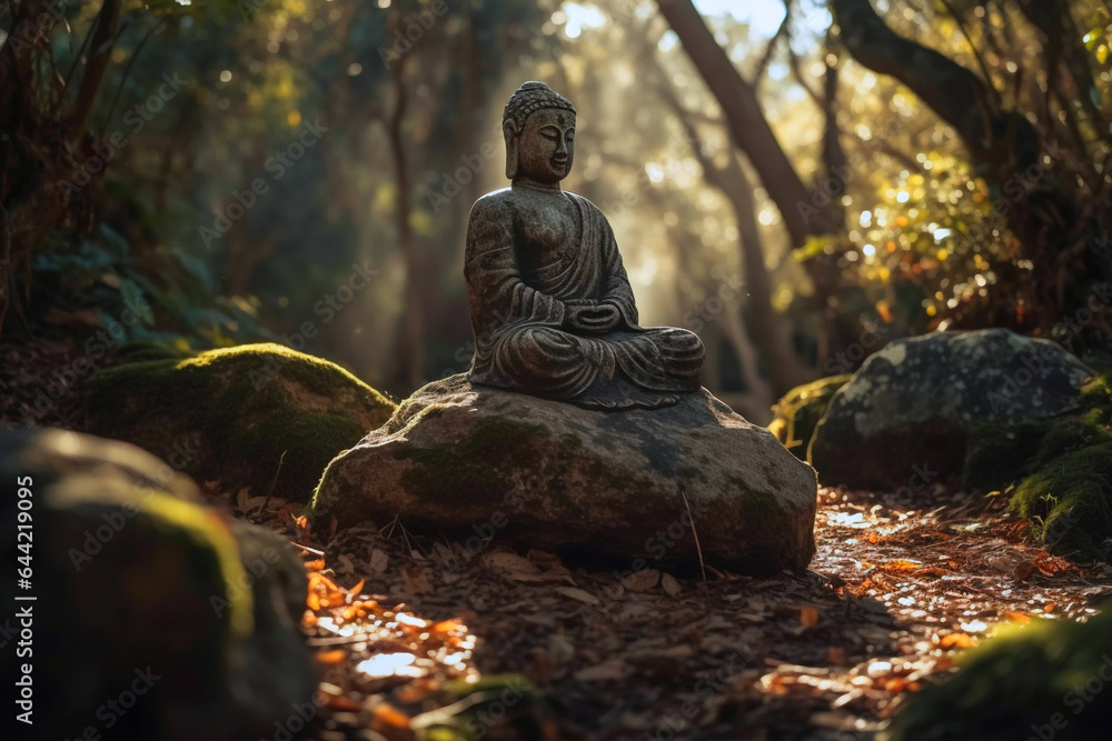 Spiritual calmness and awakening. Religion travel esoterics concept. Statue sculpture of ancient Buddha in morning a forest. Zen spiritual ritual meditating white face of brown Buddha green background