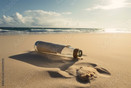 An image depicting a bottled message lying on a sandy beach. Generative AI
