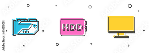 Set Video graphic card, Hard disk drive HDD and Computer monitor screen icon. Vector