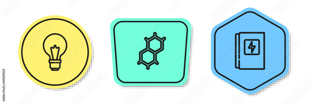 Set line Light bulb with concept of idea, Chemical formula and Electrical panel. Colored shapes. Vector Set line Light bulb with concept of idea, Chemical formula and Electrical panel. Colored shapes. Vector