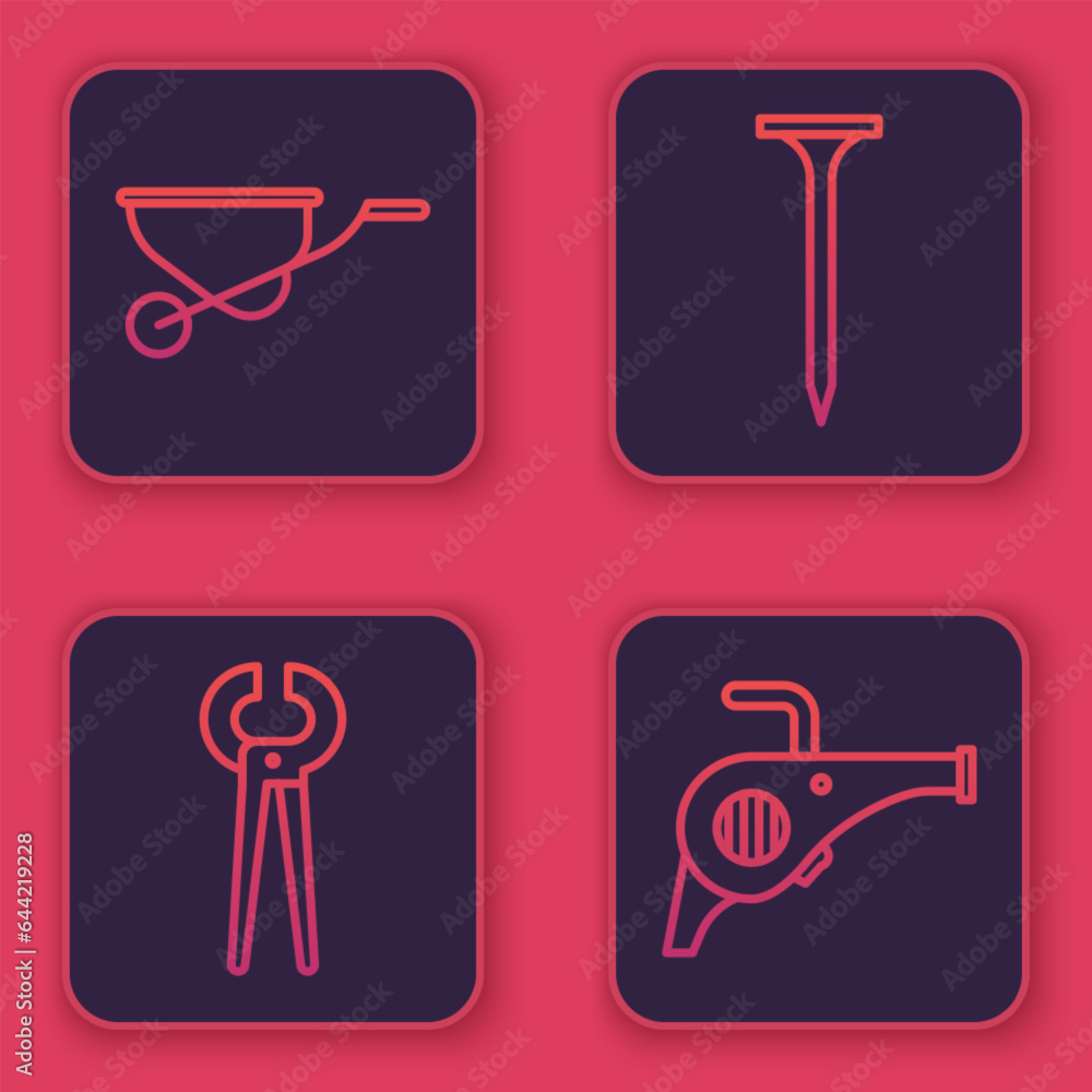 Set line Wheelbarrow, Pincers and pliers, Metallic nail and Leaf garden blower. Blue square button. Vector Set line Wheelbarrow, Pincers and pliers, Metallic nail and Leaf garden blower. Blue square button. Vector