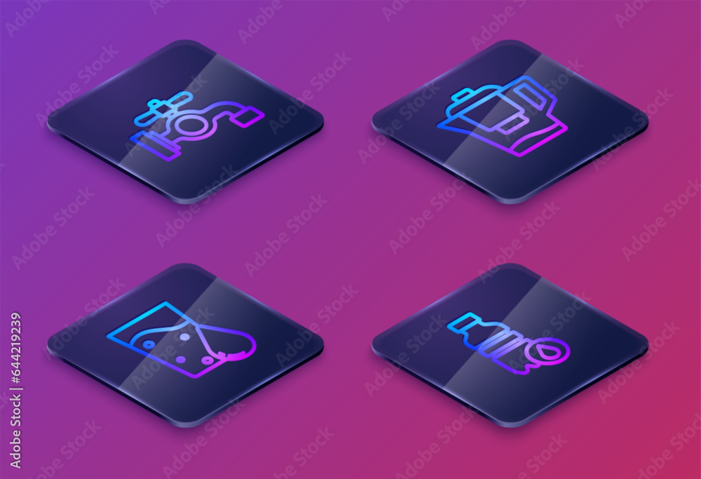 Set Isometric line Water tap, Glass with water, jug filter and Bottle of. Blue square button. Vector Set Isometric line Water tap, Glass with water, jug filter and Bottle of. Blue square button. Vector