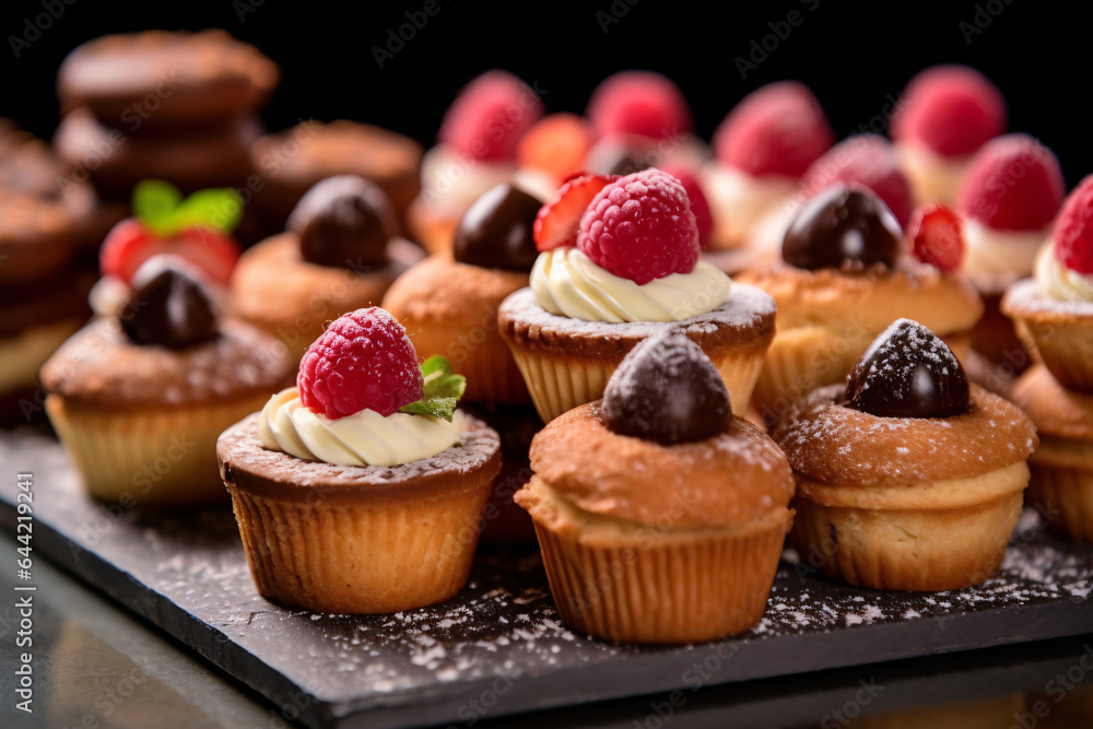 Delectable desserts and sweet. Cupcakes with fresh raspberries and blackberries on a black background Delectable desserts and sweet. Cupcakes with fresh raspberries and blackberries on a black background