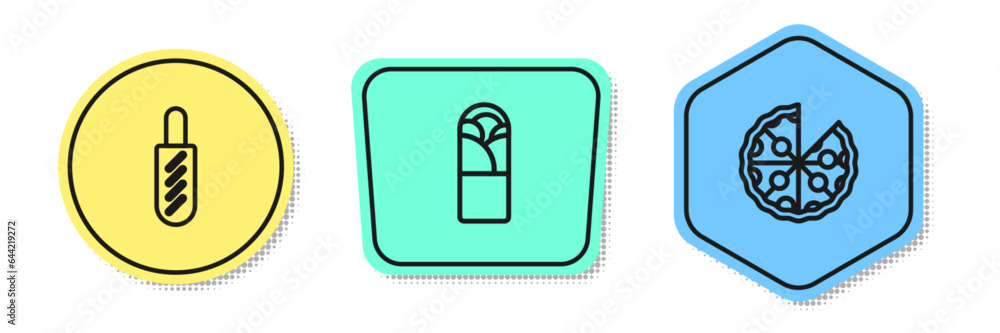 Set line Hotdog sandwich, Doner kebab and Pizza. Colored shapes. Vector Set line Hotdog sandwich, Doner kebab and Pizza. Colored shapes. Vector