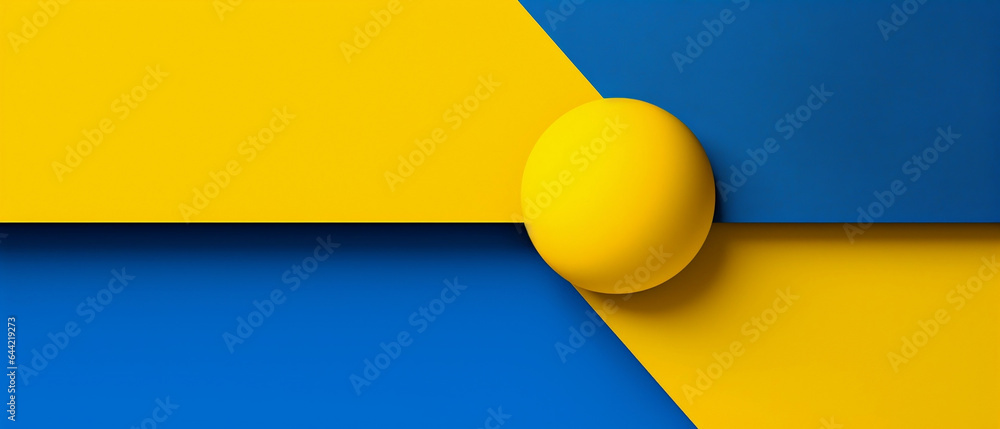 Obraz premium Żółte i niebieskie tło z kulą w kolorach flagi Ukrainy. Abstrakcyjne kształty w przestrzeni 3d. Geometryczne figury. 