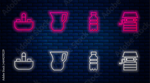 Set line Jug glass with water, Bottle of, Washbasin tap and Well bucket. Glowing neon icon on brick wall. Vector