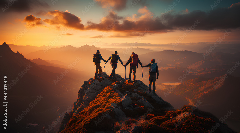 Teamwork concept with friends holding hands close to mountain top, Generative Ai illustration - obrazy, fototapety, plakaty 