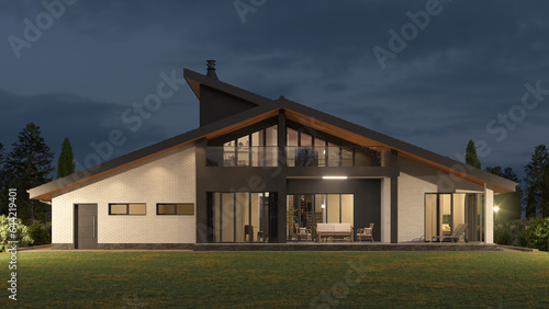 Garden Furniture Presentation Scene - Modern House with Big Grass Yard at Dusk