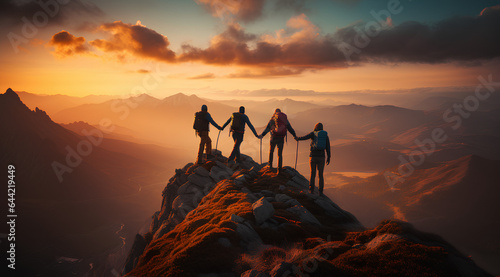 Teamwork concept with friends holding hands close to mountain top  Generative Ai illustration