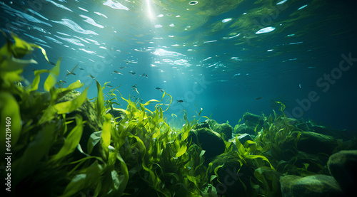 Underwater view of a group of seabed with green seagrass. High quality photo photo