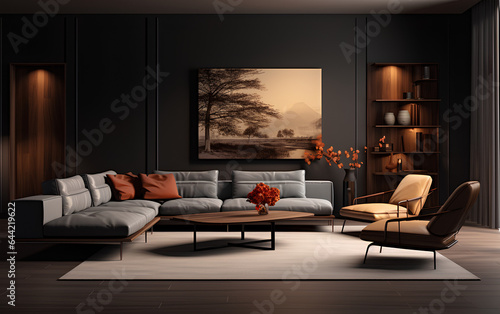 living room with modern interior design for home against the background of a dark classic wall, Generative AI.