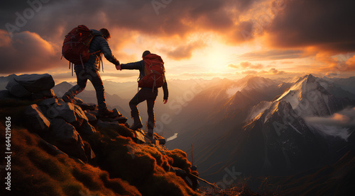 Hiker helping friend reach the mountain top, Generative Ai illustration © MOUNSSIF