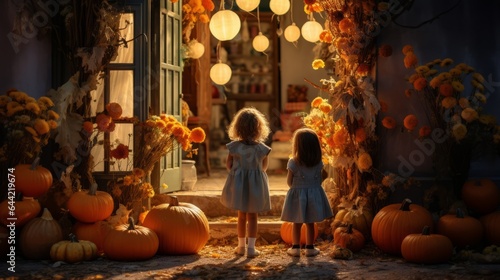 Halloween theme with children and pumpkins in the house entrace photo