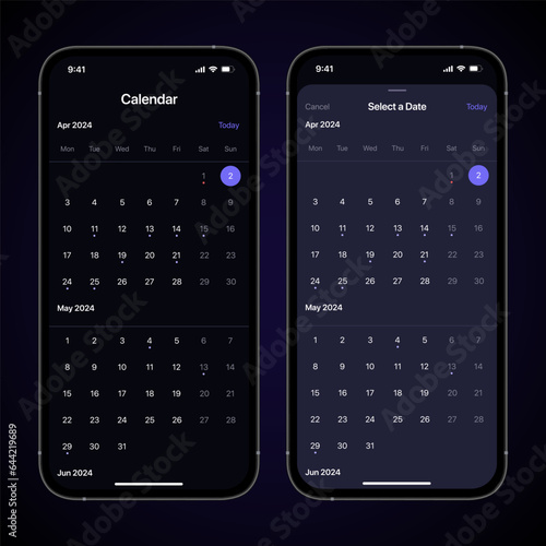 iOS Calendar Concept, Calendar App UI Concept. Smartphone Calendar Template 