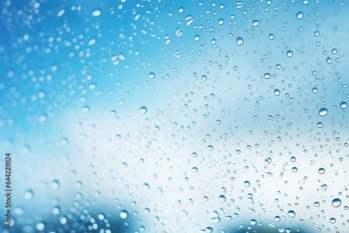 Rain drops on the glass. Beautiful blue and white sky