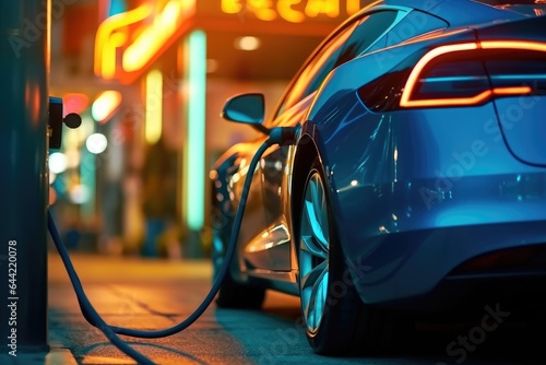Electric car EV is charging at station. Generative AI © piai