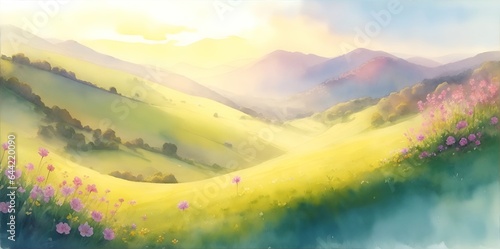 Beautiful landscape wit rolling hills. Watercolor. AI generated illustration