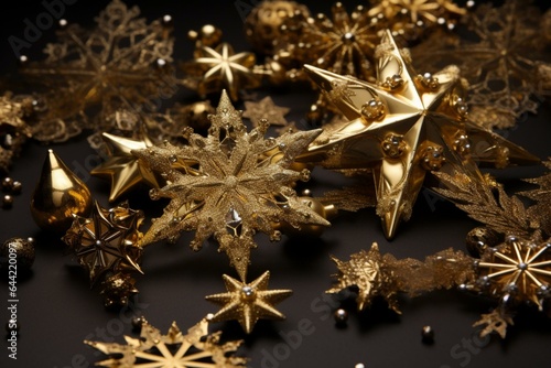 Golden festive stars & snowflakes evoke a Christmas ambiance. Generative AI