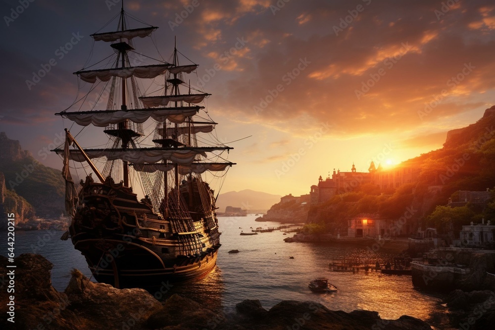 Sunrise over a docked pirate ship and medieval ship. Generative AI