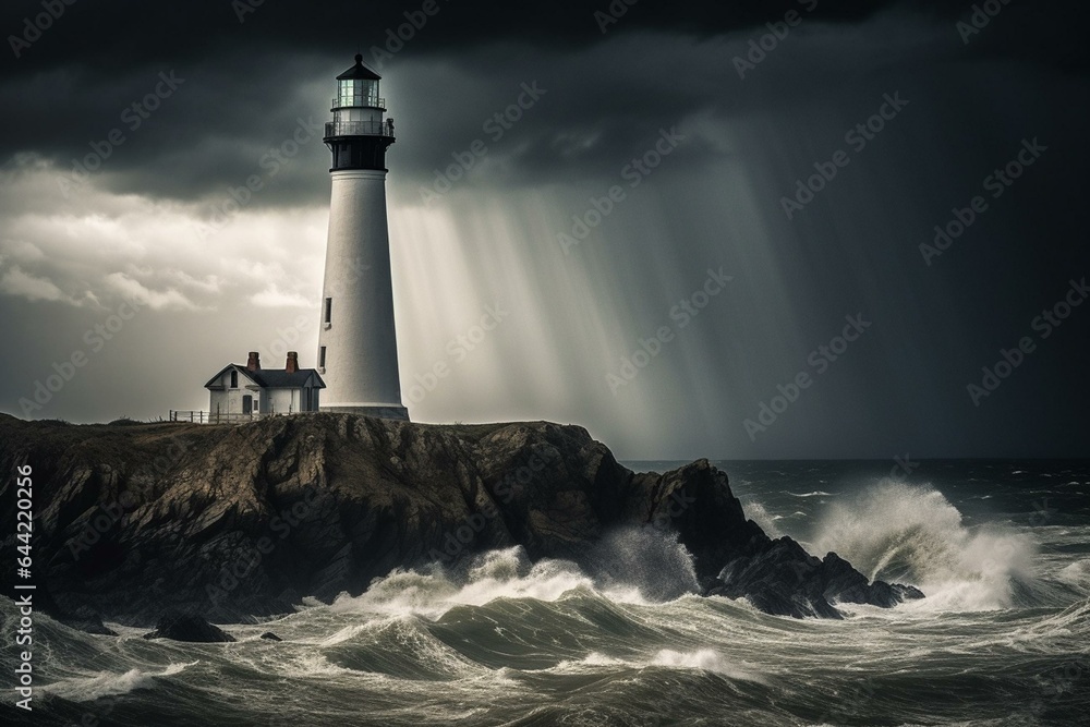 A majestic lighthouse stands tall amidst stormy weather. Generative AI
