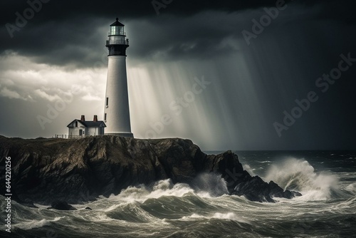 A majestic lighthouse stands tall amidst stormy weather. Generative AI