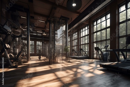 A gym center created using 3D rendering technology. Generative AI