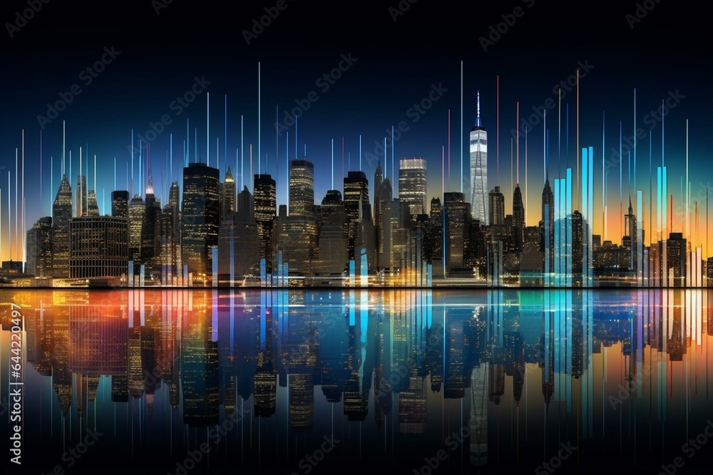 Cityscape, New York skyline, real estate, day time, skyscrapers, downtown view, financial graph, chart hologram, business education. Generative AI
